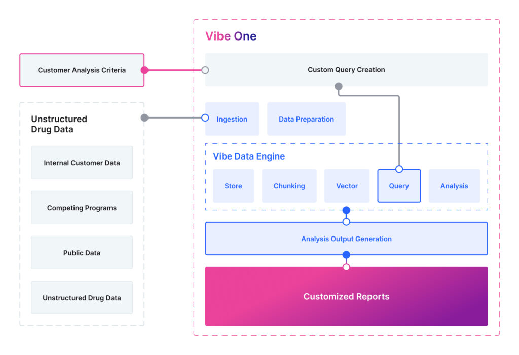 VibeOne data engine and query process map including customer analysis criteria and unstructured drug data.