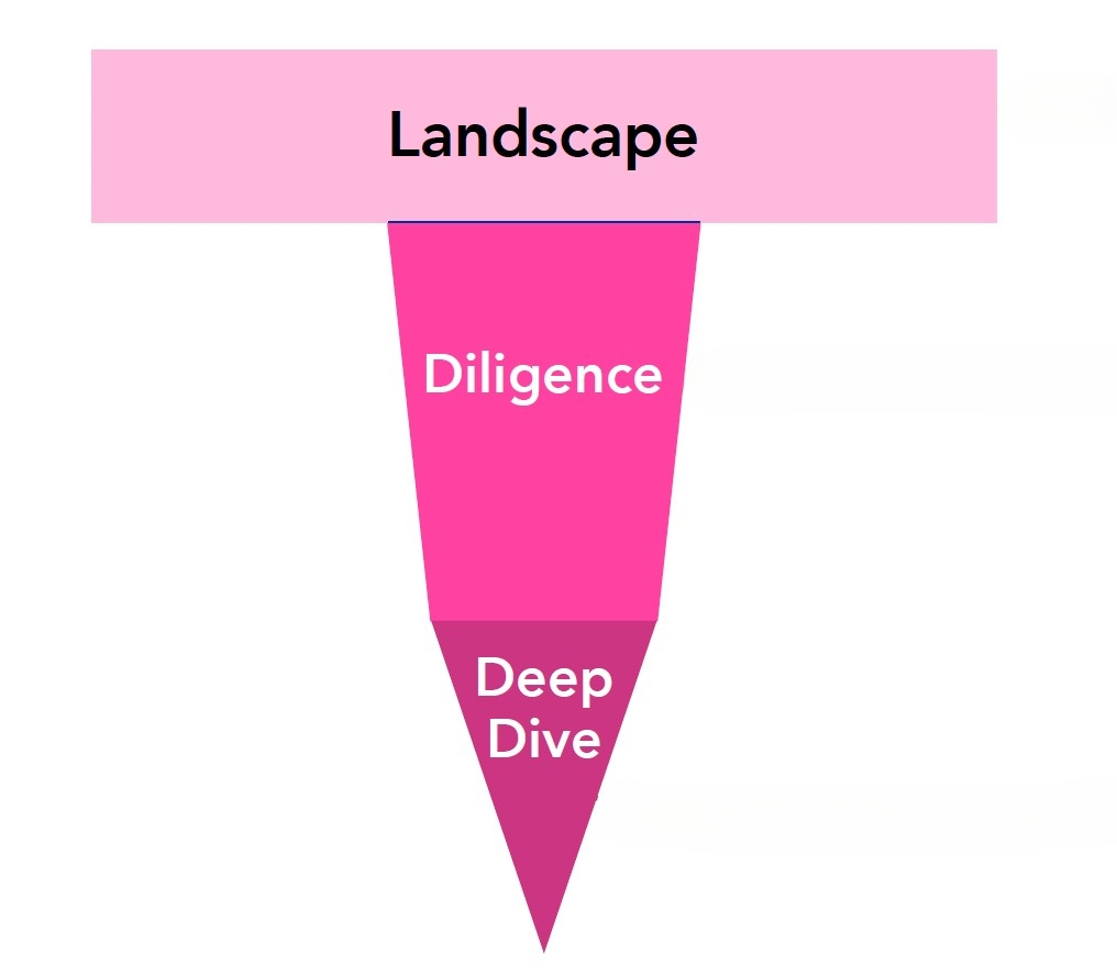 visual graph in form of penetrating nail or tack with the words "landscape" on nail-head, "diligence" on nail shank, "deep dive" on nail point